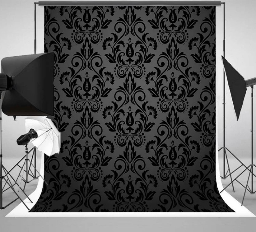 Photography Dark Cloth - Preto cinza branco damasco escuro floral